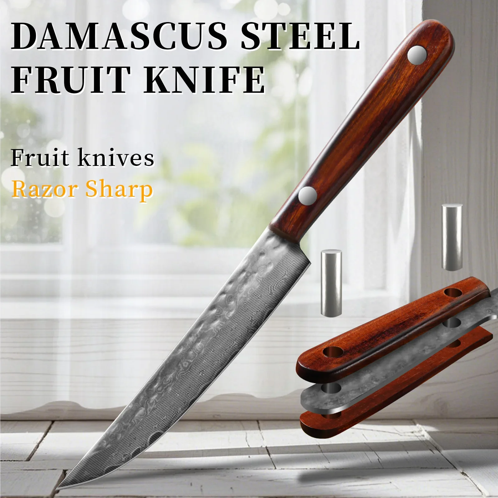 Wok Carbon Steel - 鍛造ダマスカス鋼フルーツナイフ、鋭い皮のナイフ、無垢材のハンドル、カッター、調理器具、フルーツ、ジャガイモ