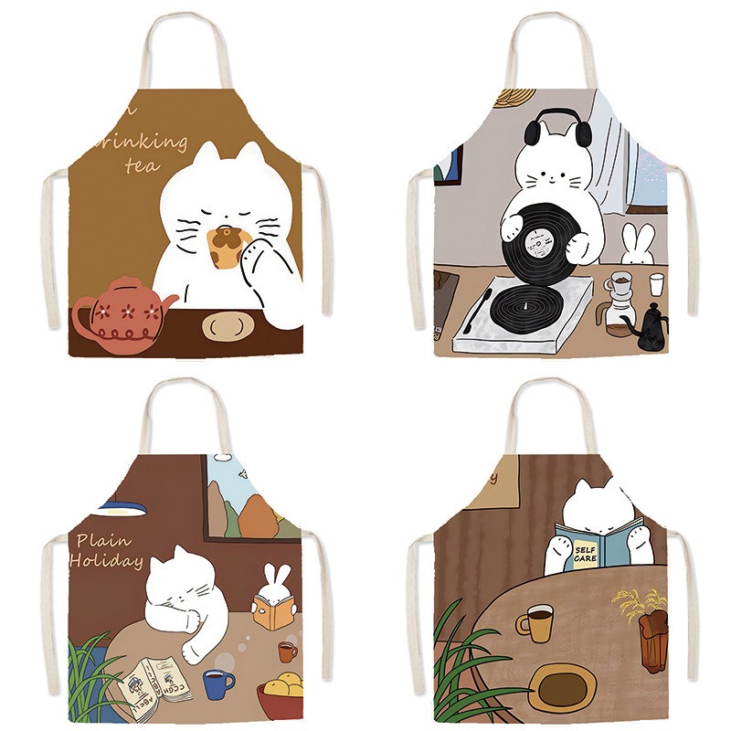Home Cooking Cafe - かわいい白猫プリントエプロン居心地の良いコーヒーティータイムクッキングビブ女性用カフェバリスタベーキングピナフォアホームキッチンアクセサリー