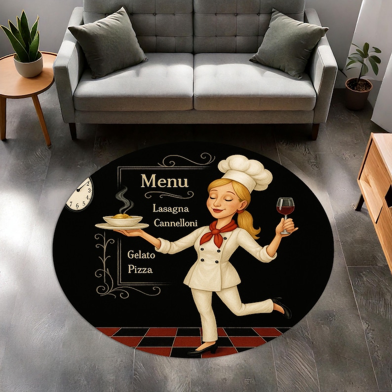 ブロンドシェフラウンドキッチンラグ、レトロメニューデザインダ - Home Cooking Menu のレビューと価格
