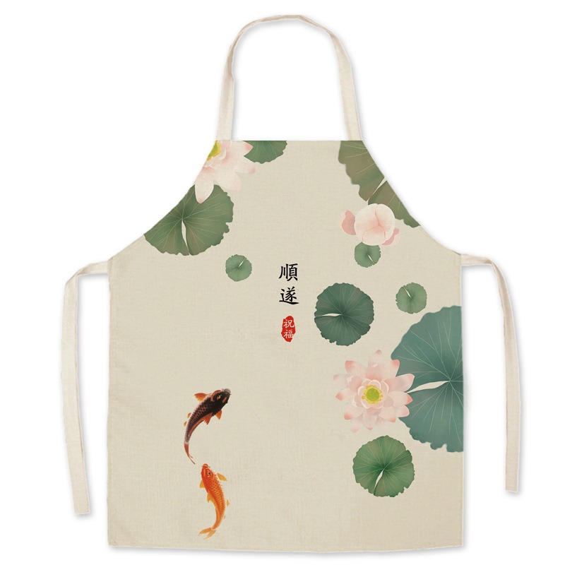 中国風水墨画リネンエプロン蓮鯉プリントノースリーブビブホーム - Home Cooking In Chinese のレビューと価格